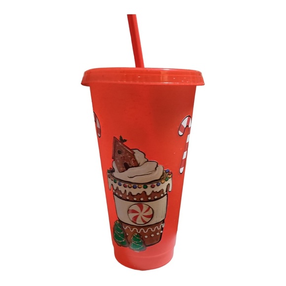 NEW handmade reusable cold cup “Gingerbread” with matching top & straw 24oz - Picture 3 of 8